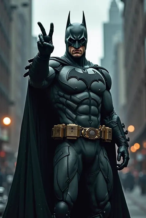 Batman doing peace sign tilting to left with his hand 