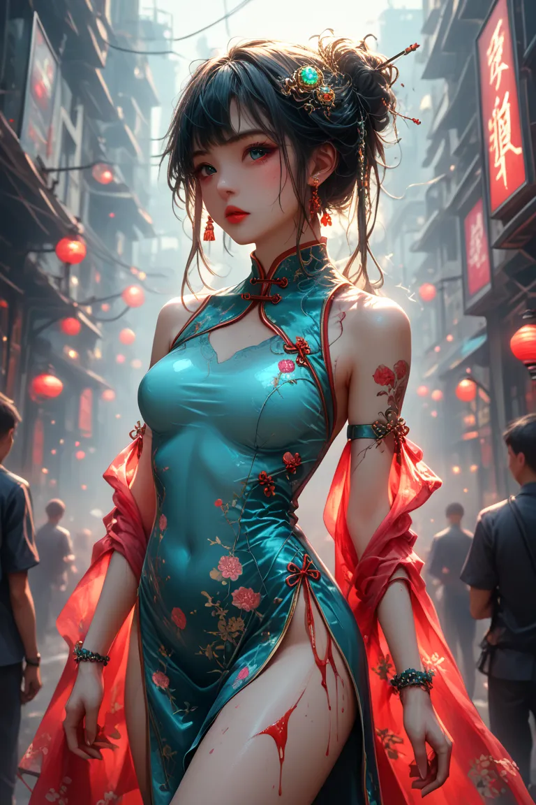  Real photos,woman wearing a traditional qipao, elegant and poised, with intricate embroidery details. Her silhouette blends seamlessly with a futuristic cyberpunk cityscape, filled with neon lights, towering skyscrapers, and holographic billboards. The do...