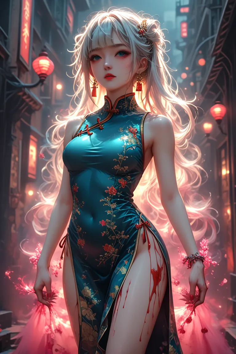  Real photos,woman wearing a traditional qipao, elegant and poised, with intricate embroidery details. Her silhouette blends seamlessly with a futuristic cyberpunk cityscape, filled with neon lights, towering skyscrapers, and holographic billboards. The do...