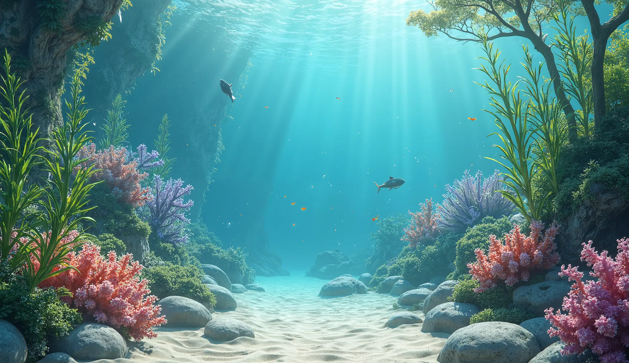 A crystal clear underwater world，The verdant aquatic plants sway softly with the flow of water，The colorful coral reefs adorn it，Smooth stones lie quietly on the sand，It's like moving an undersea wonderland into your fish tank