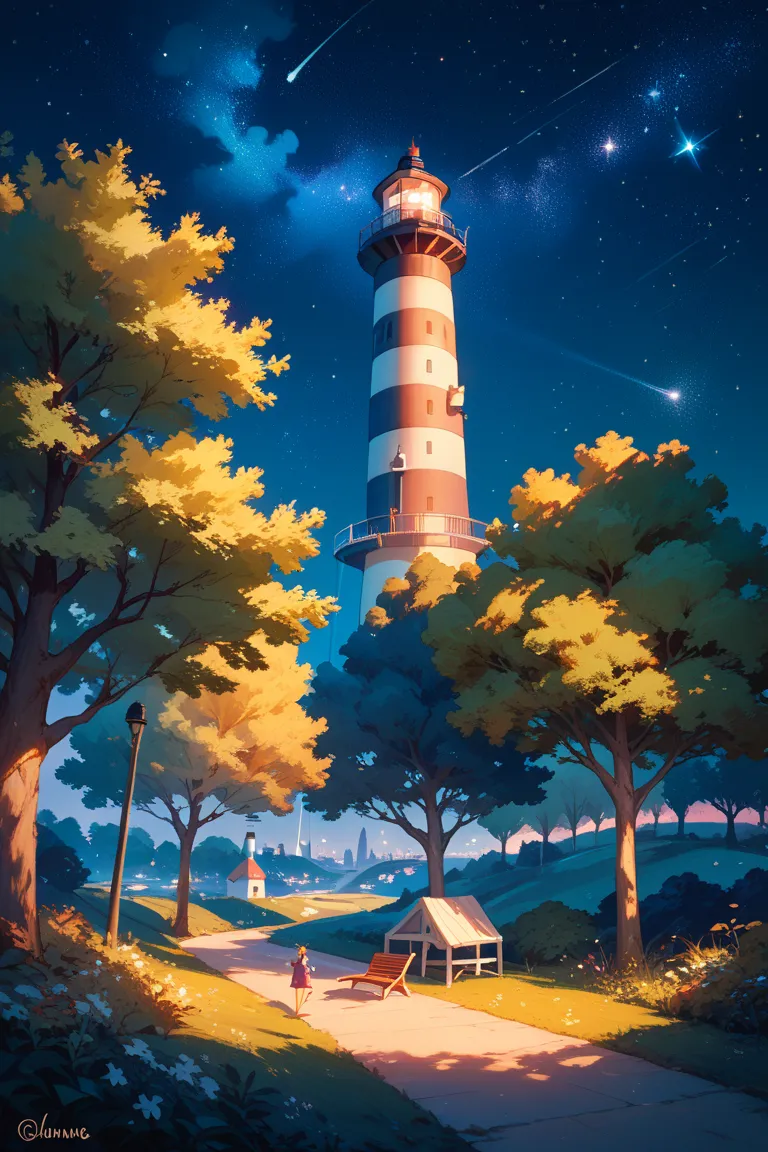 A lonely lighthouse, Night, stars,  around trees, that are barely blown by a visible wind, walking dreams, behind a sleeping city