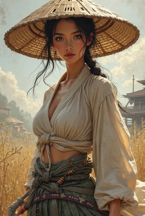 Slim sexy, mascular with abs and beautiful face, young japanesse sword woman Mulan, wearing male swordsman attire with farmer's native hat.