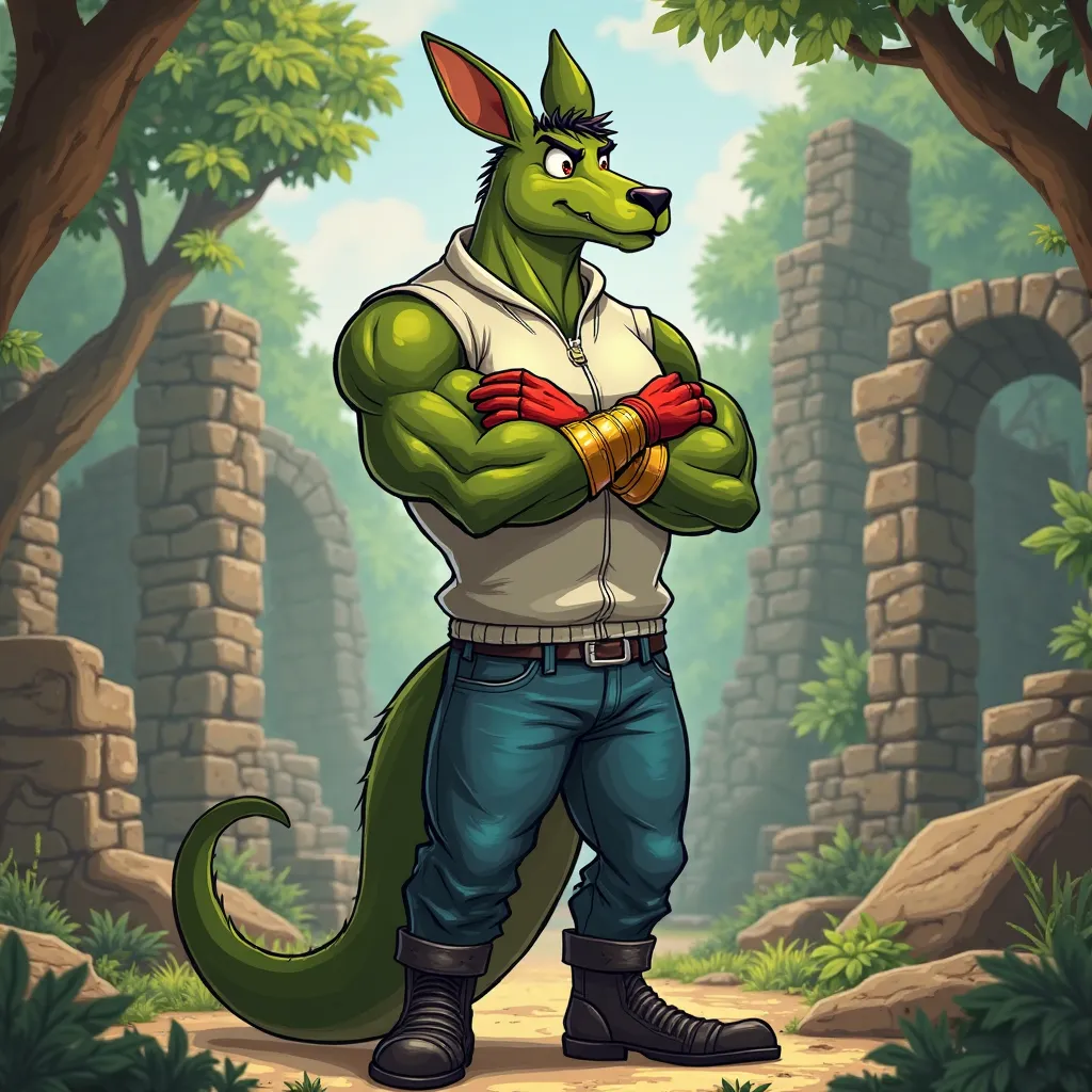 A hairy and athletic green muscular kangaroo, with gold bracelets , jeans with black boots ,  Wearing blue pants  ,  wearing a white sleeveless zip-up sweater , with red gloves and arms crossed over his chest, standing against ruins in the cartoon-style fo...