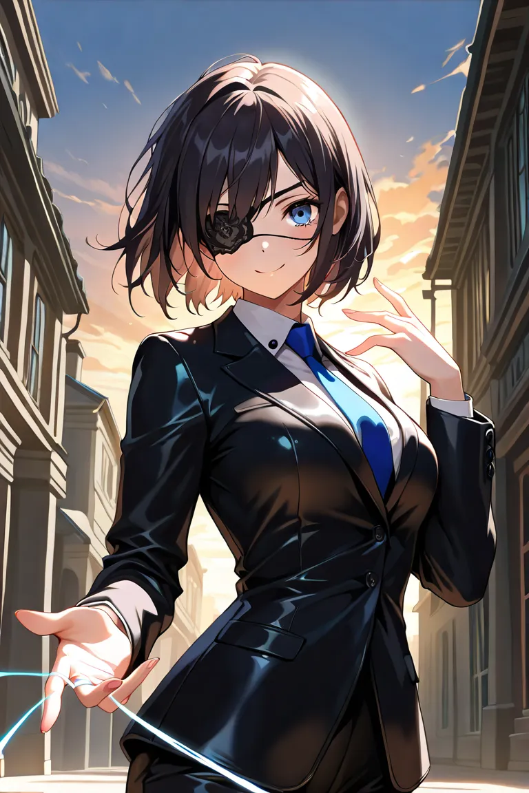 ((((  masterpiece)))), (((( top quality)))),  High Resolution,anatomically correct,1 girl, solo, dark hair,Short Hair,blue eyes,leather eyepatch,suit,handsome,invisible thread,Thread on both hands,smiles,Relaxed appearance,battle,Western-style building,ani...