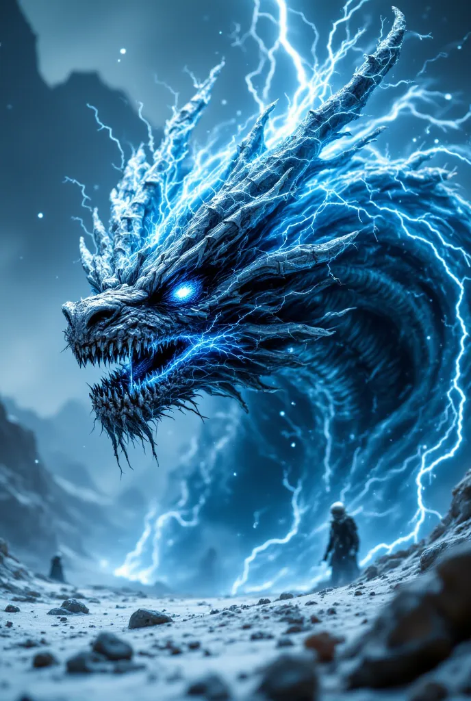 "A massive futuristic dragon made of steel and ice, with glowing blue runes covering its surface. The dragon's eyes glow with electric energy, and its wings crackle with lightning. The background shows a snowy battlefield, lightning bolts striking the grou...