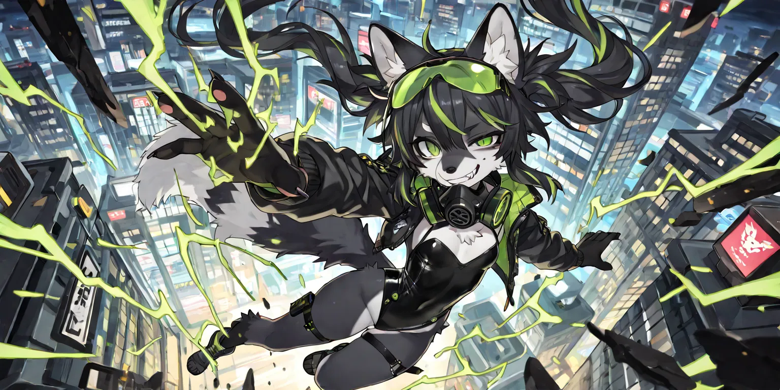 [[jumping, in the air]], BREAK, 1girl, (black fox furry female:1.4), black hair with twintails, green streaks and highlights in hair, fox ears, mature, ruffled hair, fangs, black thick eyebrows, neon green eyes, black eyeliner, black mascara, grin, evil fa...