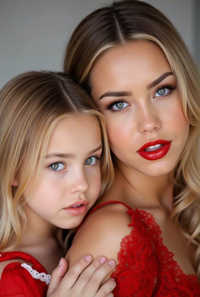 A beautiful mother of Scandinavian origin carrying her daughter of age 4. Both wearing red hot lipstick. Both staring at the camera. 8K resolution and quality.