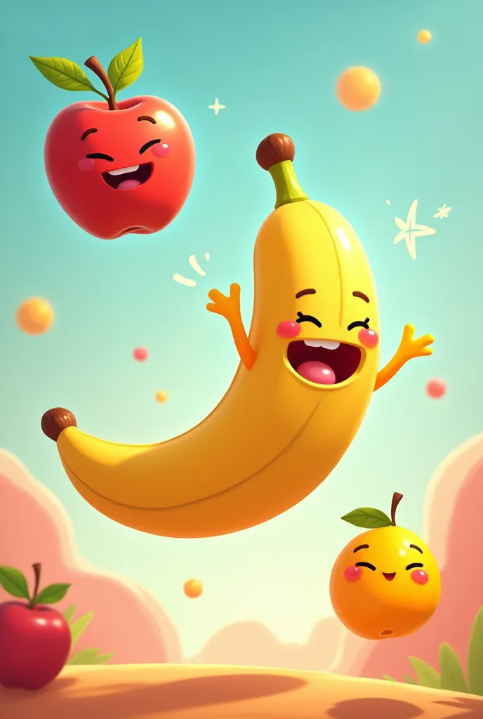  apple, banana and mango cartoon style tossed in the air