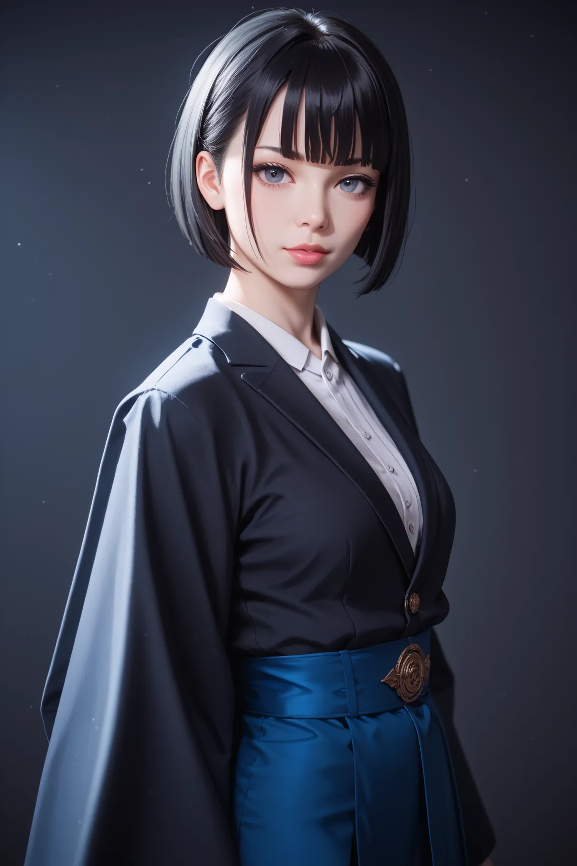 masterpiece,best quality,Ultra High Definition,1 girl,bob cut the blue cloth, black hair,blunt bang,blunt ends,Black Kimono,Amaryllis Prints,night sky,photo-realistic,4K,vivid colors,studio lighting,physically-based rendering,Extreme Details,Professional,c...