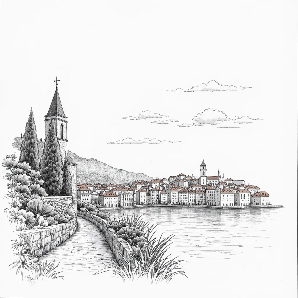 coloring book. no color. In the style of a beautiful landscape Dubrovnik city.