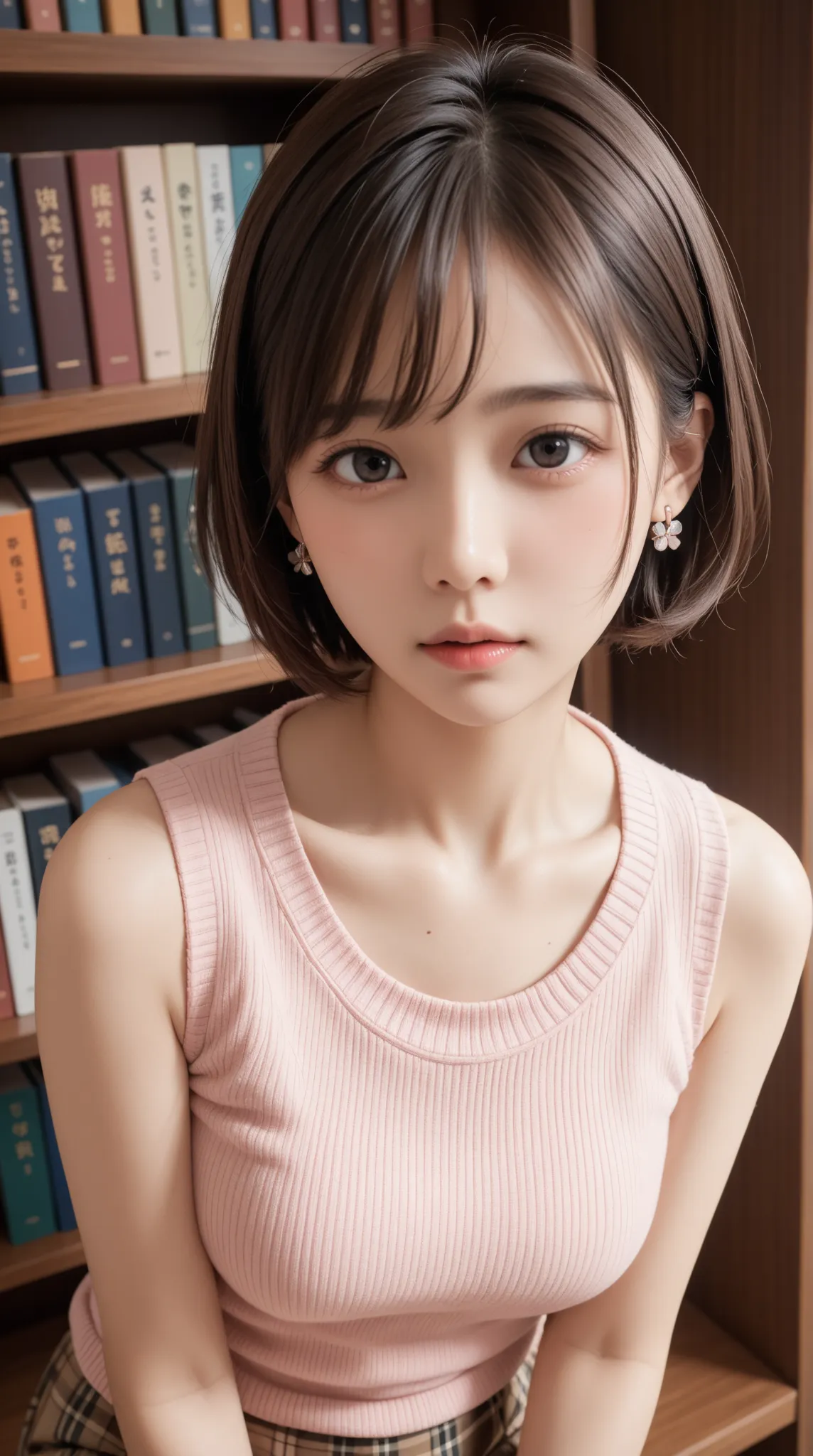 Japanese　 Adult Female　（（（Kamigami）））　 looks down on you　blush　in the library　（（pink sleeveless sweater））　（（brown plaid miniskirt on top of the seat））　earrings　（（（by）））　〈〈I'm raising my face up〉〉　Stick out your mouth　 Hair　〈〈〈very short hair：1.2〉〉〉　〈〈〈 shi...