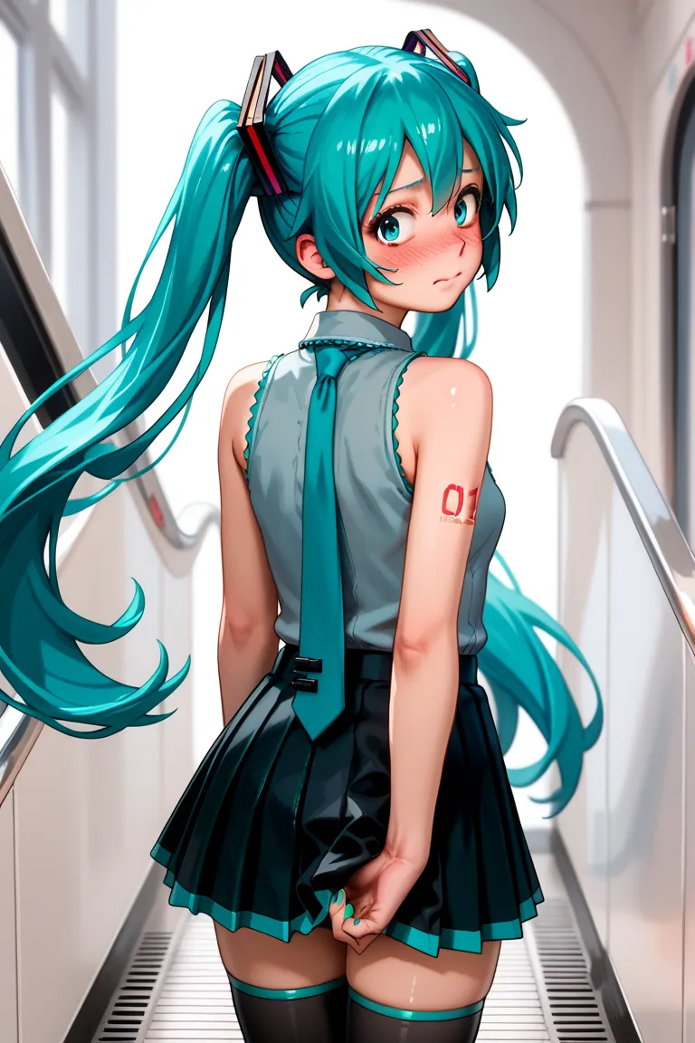 (best quality),(masterpiece),(8k),(high resolution), detailed hair, detailed clothes , Alone , woman , Hatsune Miku ,  turquoise hair  , twin tails ,  create a perfect body line  , Hot body , red 01 tattoo on one upper arm , five fingers,   exact finger , ...