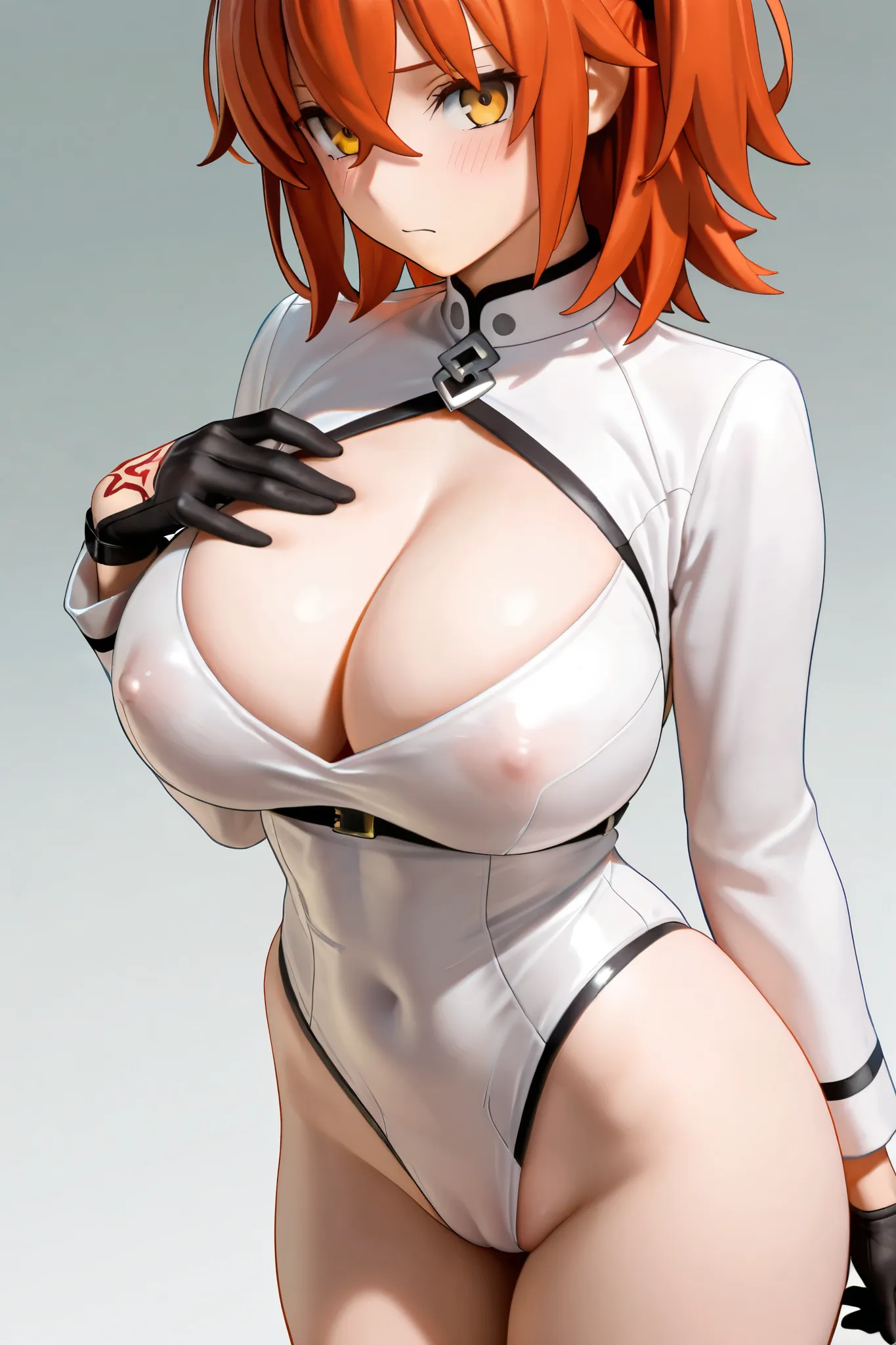 NSFW,masterpiece,highest quality,High Resolution,very detailed,Ritsuka Fujimaru\(Fate/Grand Order),orange hair、black gloves、Garment Cutouts、 cleavage cutout