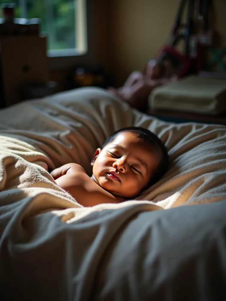 Mobile phone photography，Natural Light，Telephoto， full body picture，Shoot the whole body，Sees a small Southeast Asian baby sleeping in a room，I saw that the house had other cheap furniture