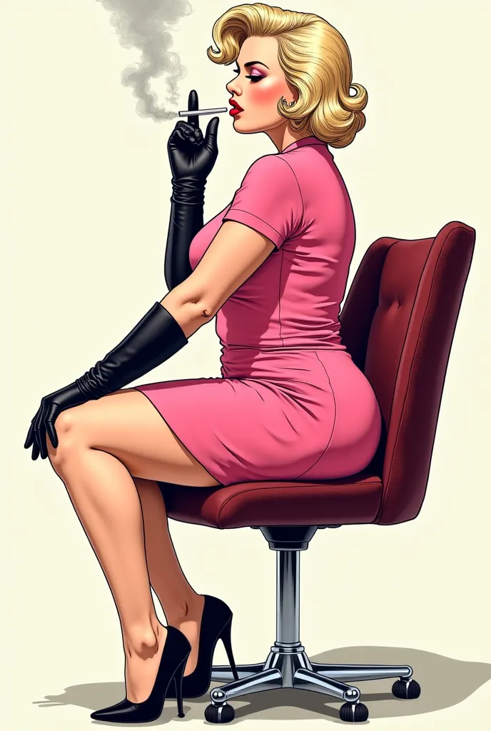 Side view of a manga-style drawing of a plump, luxurious Marilyn Monroe hair-styled woman sitting on the chair, smoking in a pink short-sleeved suit and very short miniskirt, wearing black high heels and long gloves that reach down to her shoulders.