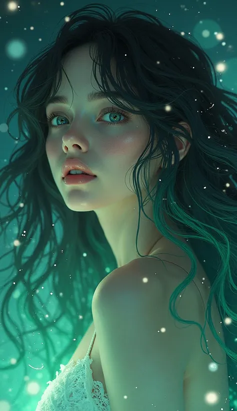 A heavenly looking young woman with intensely detailed eyes. Her long, wavy hair mixes vibrant shades of green, black and navy blue, floating as if immersed in magical energy. Dramatic lighting highlights her delicate features, with soft shadows and lumino...