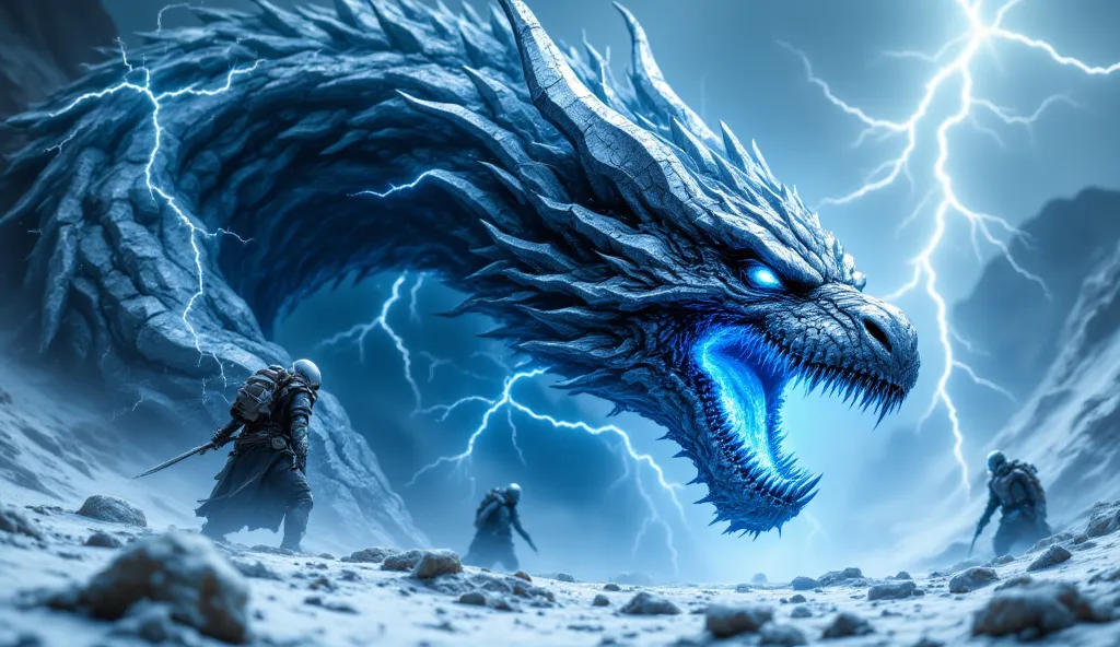 "A massive futuristic dragon made of steel and ice, with glowing blue runes covering its surface. The dragon's eyes glow with electric energy, and its wings crackle with lightning. The background shows a snowy battlefield, lightning bolts striking the grou...