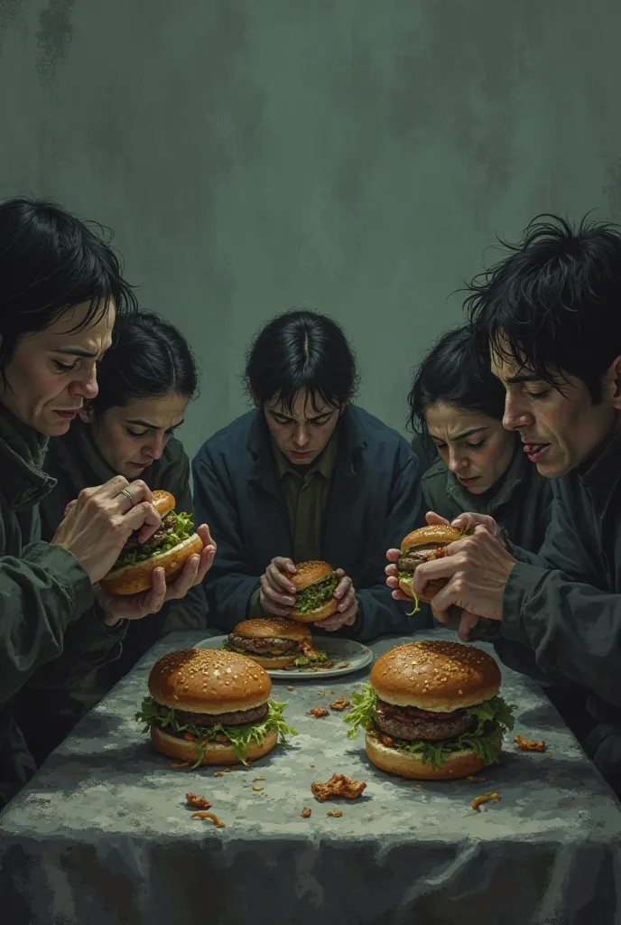 Draw the same people eating saddest hamburgers 
