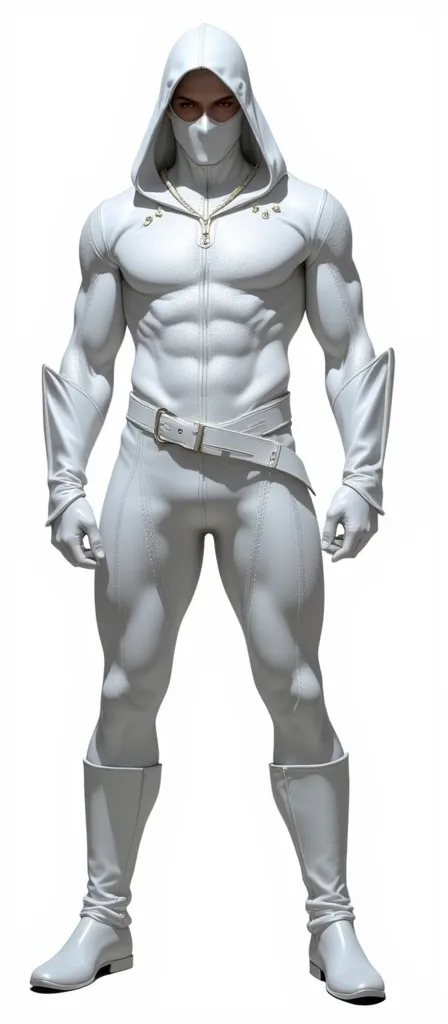 A handsome hunky slender hero wearing white metallic honeycomb textured tight fit leather spandex Ninja hooded Costume. With facemask..With gloves and belt and boots. With white embossed circle on the chest...standing in a super hero pose,high quality,best...