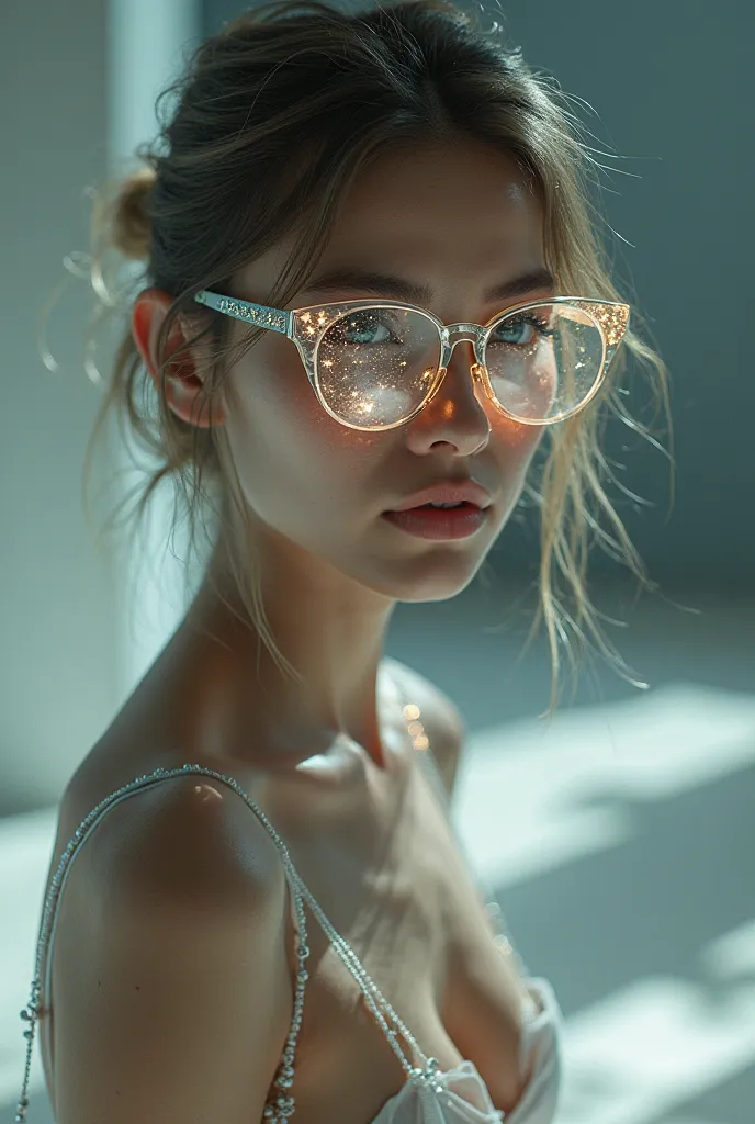 The model is wearing glass sunglasses with stars and the moon on the glass full nude ,no dress, full body 