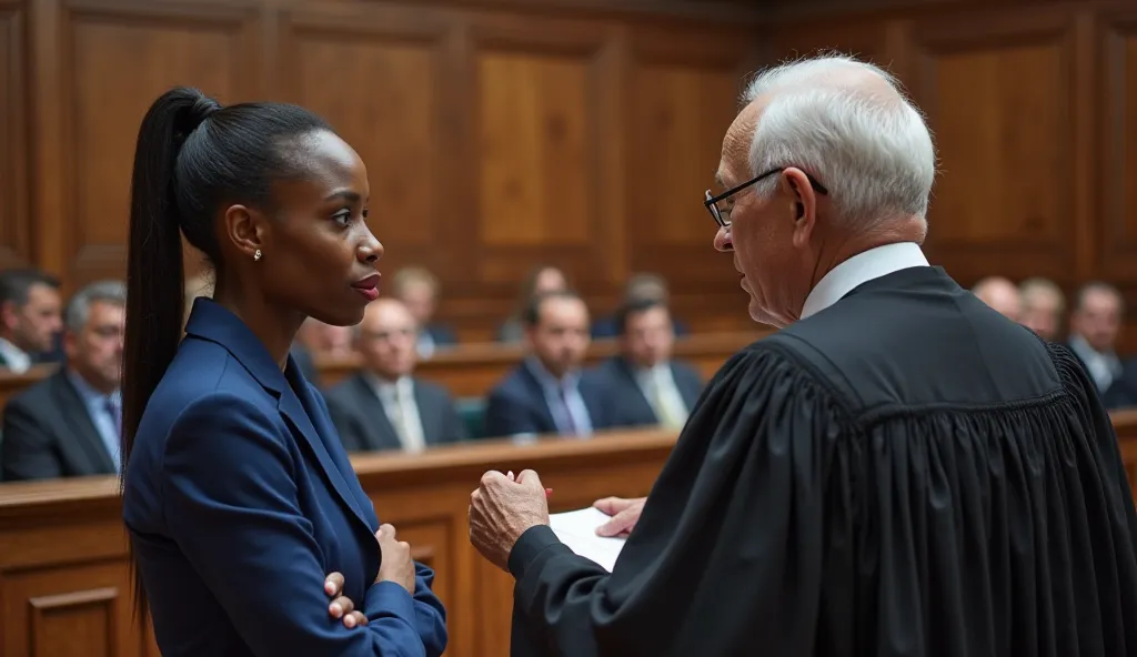 "A black woman with straight black hair tied back in a high bun and wearing a blue suit stands nervously in a traditional wooden courtroom. The woman faces an elderly judge with white hair, glasses and a black robe, who is holding a document and looking at...