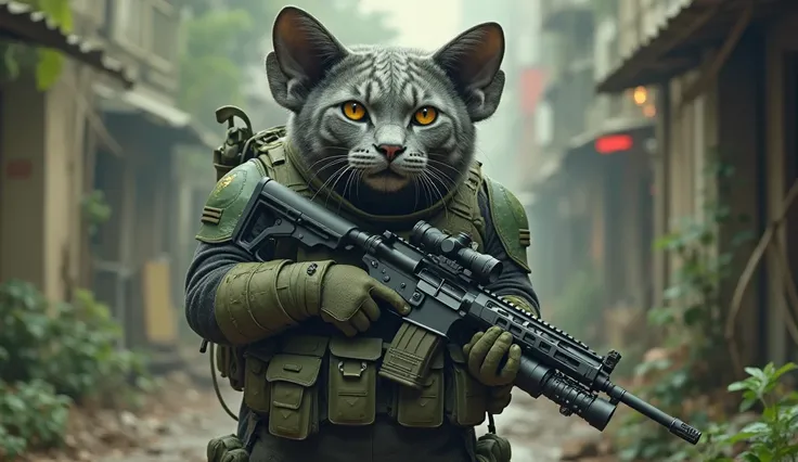 An indian gray humanoid elephant soldier standing in an forest area
 environment, dressed in green combat tactical gear, including
 bulletproof vest, gloves and knee pads. The cat has impressive
 yellow eyes and a serious and determined expression, with
 m...