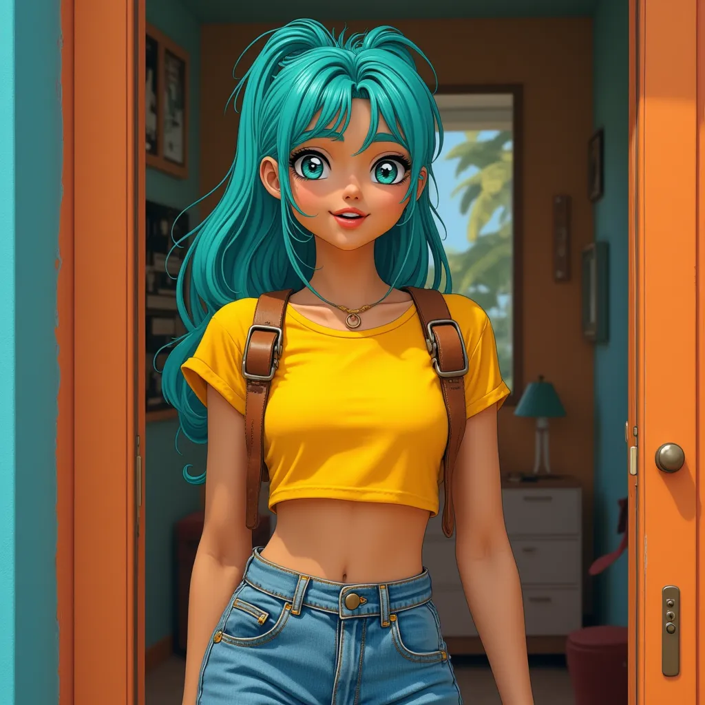 1chica, Brown Leather, turquoise eyes, turquoise hair, ponytail,  smiling, yellow t-shirt, and long denim pants, Clamp style, 90style , entering a room, looking at the spectator, 