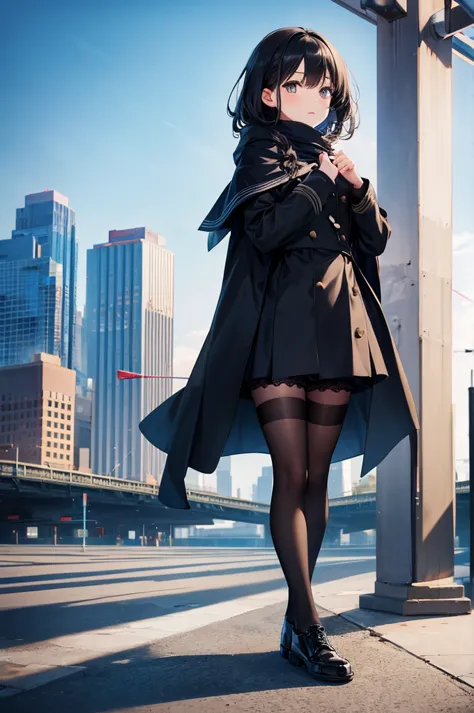 High image quality, high resolution, smooth gradation, vivid colors, a black cloak, a black student uniform, black stockings, black lace-up shoes, black hair, a high school girl, Clear winter day, blue sky, glass and concrete skyscrapers, the promenade abo...