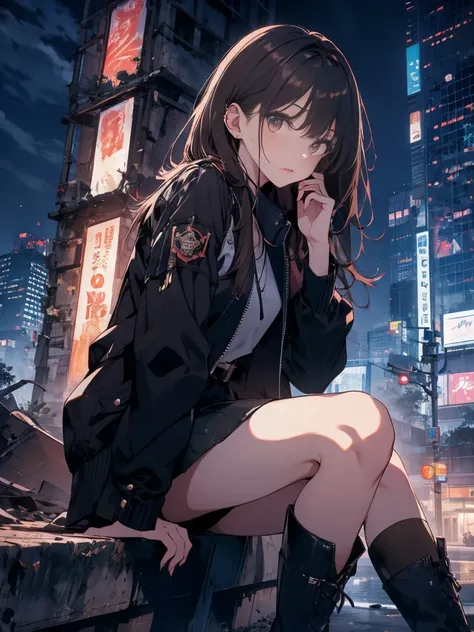 brown hair、 night 、Ruins、art、,black miniskirt,vision,Small face　bangs ,beauty,vision 、black boots 、1 person 、black jacket、pistol