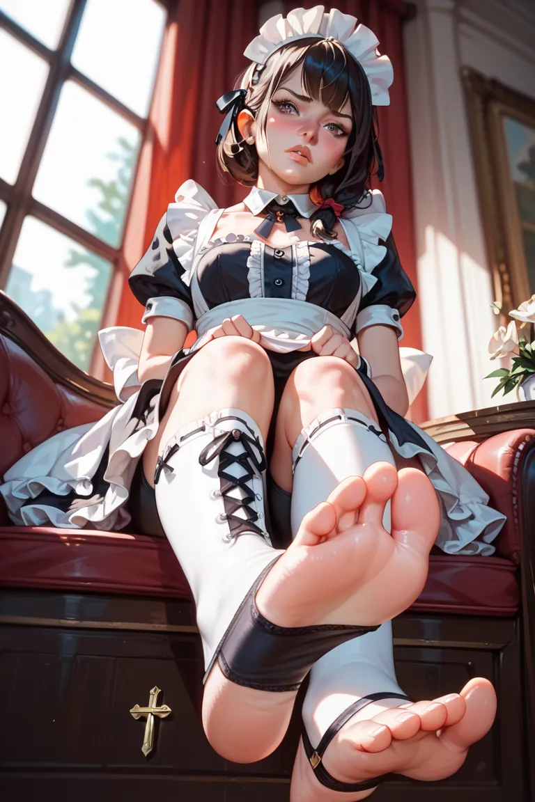 1 girl, maid, sitting, frilled socks, from below, soles, embarrassed, bike shorts, pouty lips, toeless legwear, cross-laced legwear, masterpiece, best quality, uncensored