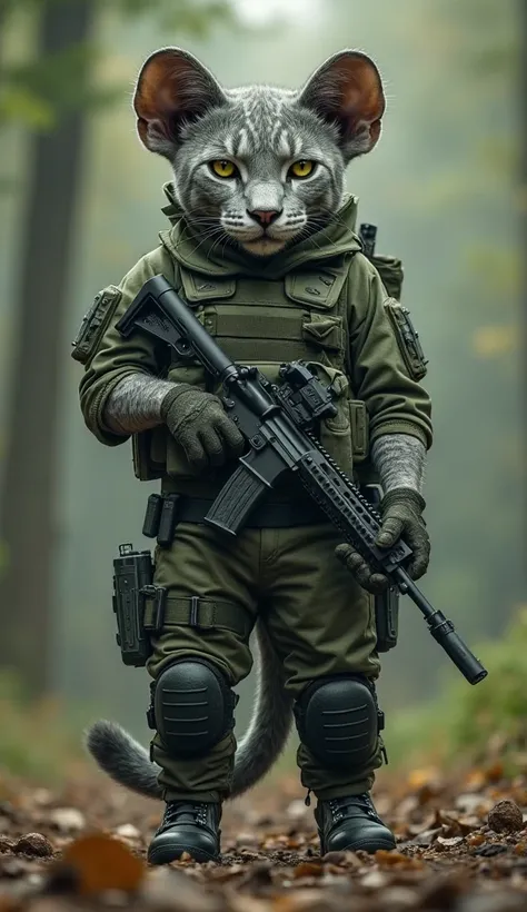 An indian gray humanoid elephant soldier standing in an forest area
 environment, dressed in green combat tactical gear, including
 bulletproof vest, gloves and knee pads. The cat has impressive
 yellow eyes and a serious and determined expression, with
 m...