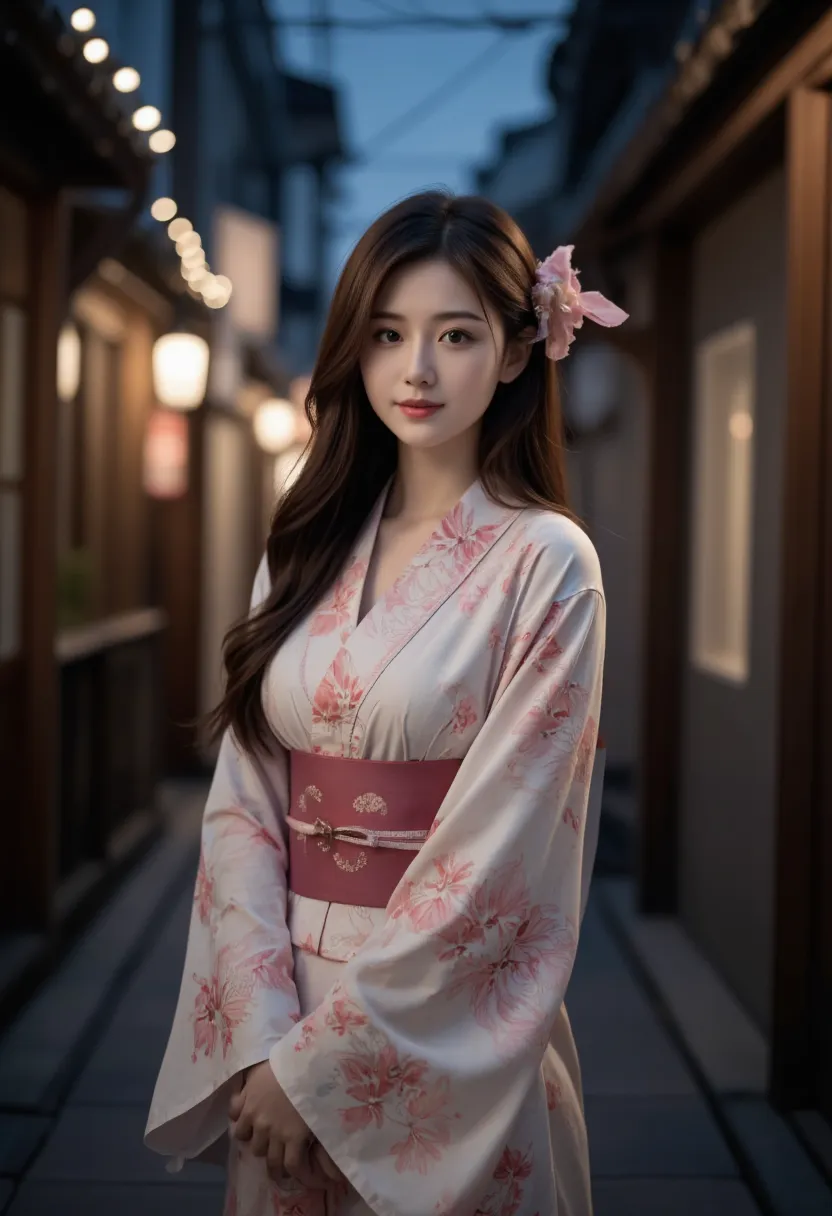 ((Top quality、8K、masterpiece:1.3))、Selfie、Beautiful woman with perfect body:1.4、(Brown long hair、Normal breast:1.3)、(Japanese floral yukata)、Highly detailed face and skin textures、Exquisite eyes、Double eyelids、a smile:1.5、whole body、sacrifice、on the street...