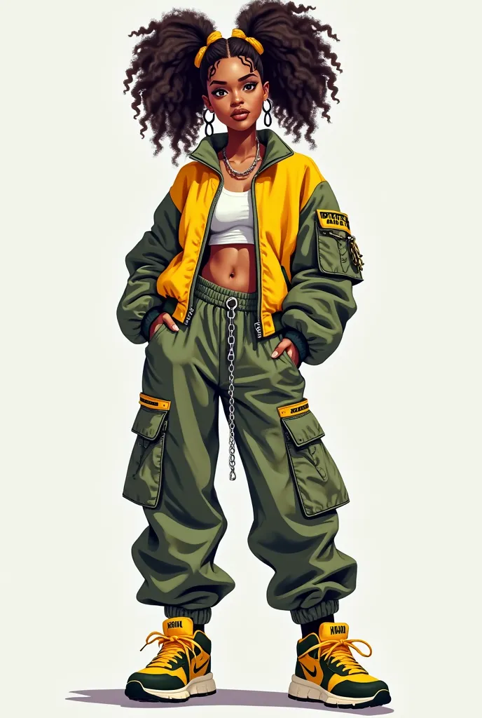 "A stylish young woman with voluminous curly twin ponytails, wearing an oversized bomber jacket over a cropped top. She has baggy cargo pants with patch details and a chain accessory hanging from the waist. She wears sneakers in a mix of yellow and green c...