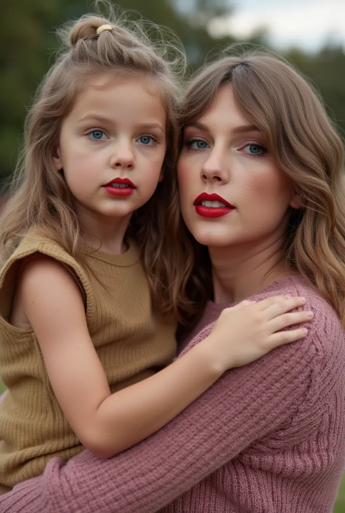 A beautiful mother of Scandinavian origin carrying her daughter of age 4. Both wearing red hot lipstick. Both staring at the camera. 8K resolution and quality.