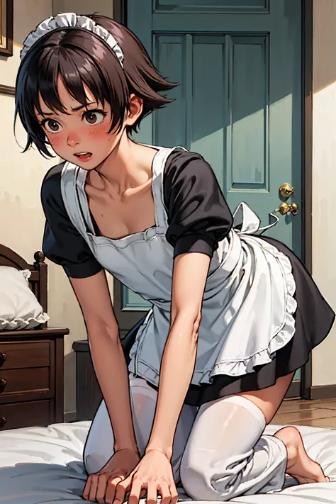 makoto, 1girl, bangs, solo, black hair, blush, brown eyes, looking away, short hair,(maid apron,maid dress:1.2),standing,bent over,all_fours,her hands on the floor,sex from behind, (collarbones:1.1),(shy:1.2), cute, solo, mouth half open,blush,bedroom,on b...