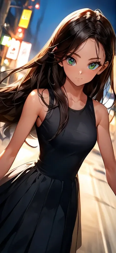 Anime woman,   25 years, 174 cm, Megan Fuchs+ Kyle Jenner 1 girl,   green eyes, long hair  , high definition, dark brown hair, simple background, masterpiece,   detailed,  high level of detail , closed mouth, throw, Wide angle, Anime-Series, Anime-Series s...