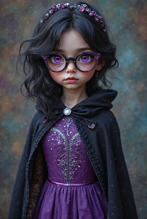 Imagine a girl of approximately ,with black hair, accessories ,intense violet eyes and round glasses that further enhance her intriguing look,fair skin,wearing a violet dress with silver details,with a black cape over the dress,Around her magic hanging,she...