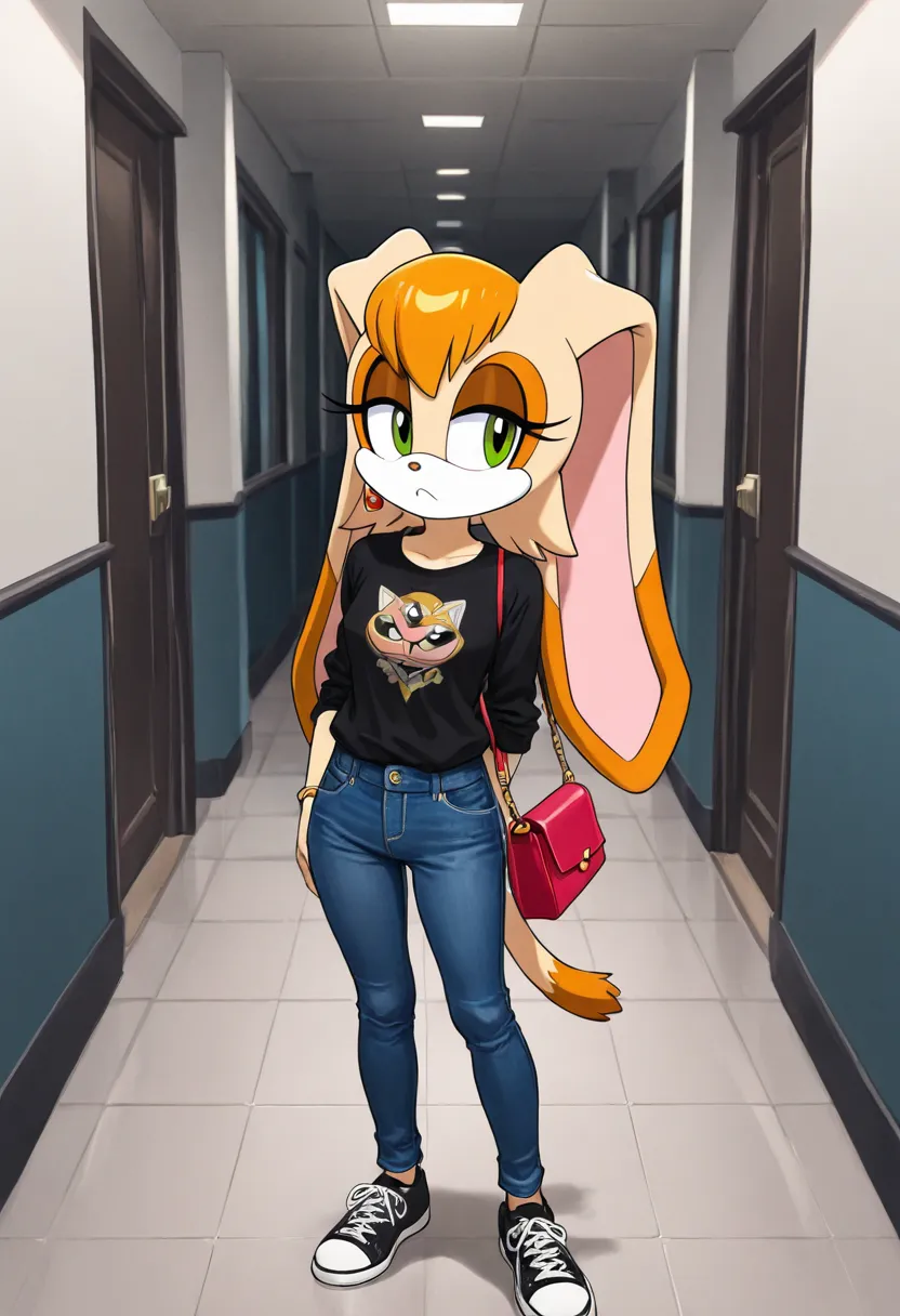 a woman in a leopard shirt is standing in a hallway wearing a pair of tight jeans, 1girl, jeans, denim, pants, blonde hair, solo, bag, earrings,vanilla the rabbit,Ebony the cat, black fur, green eyes, cat tail, jewelry, 