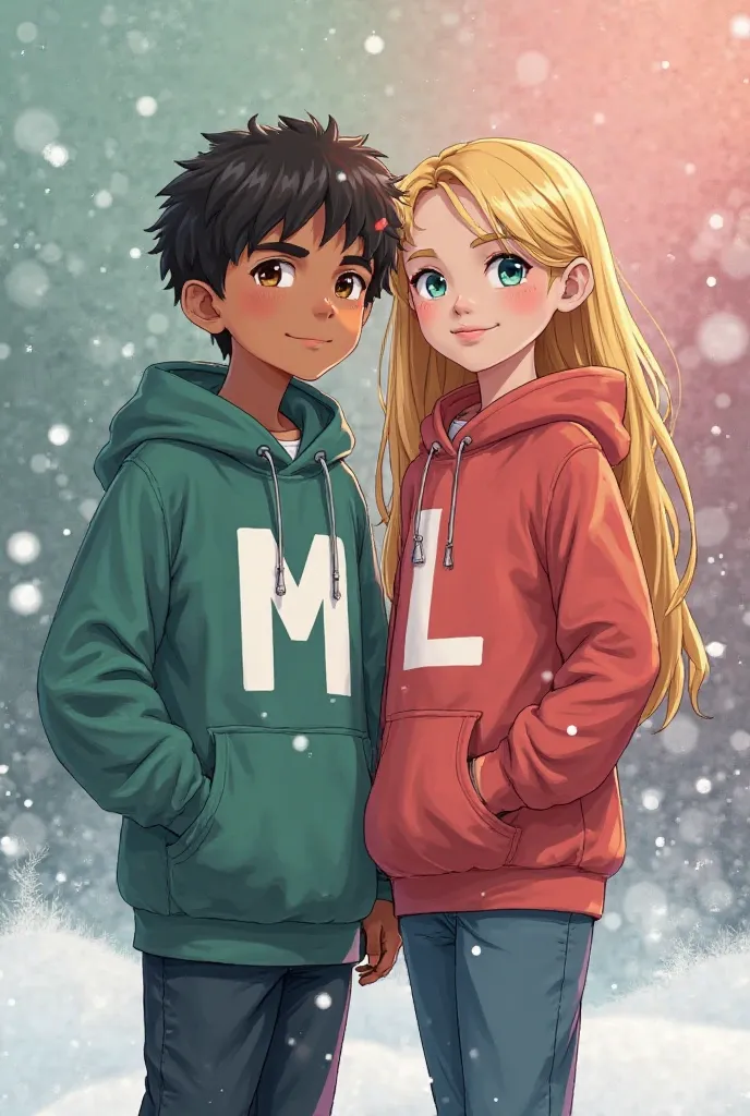 I want a picture of a boy wearing a hoodie standing on his left side and the letter M is written on the hoodie and I want a girl wearing a hoodie on her right side and the letter L is written on her left side and the background of the picture on the left i...