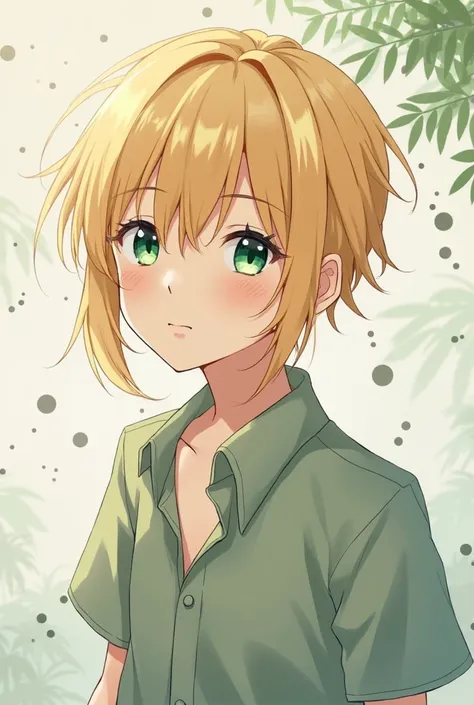 A boy anime character,  blond hair,  straight hair, green eyes, beautiful, design,  Japanese anime .