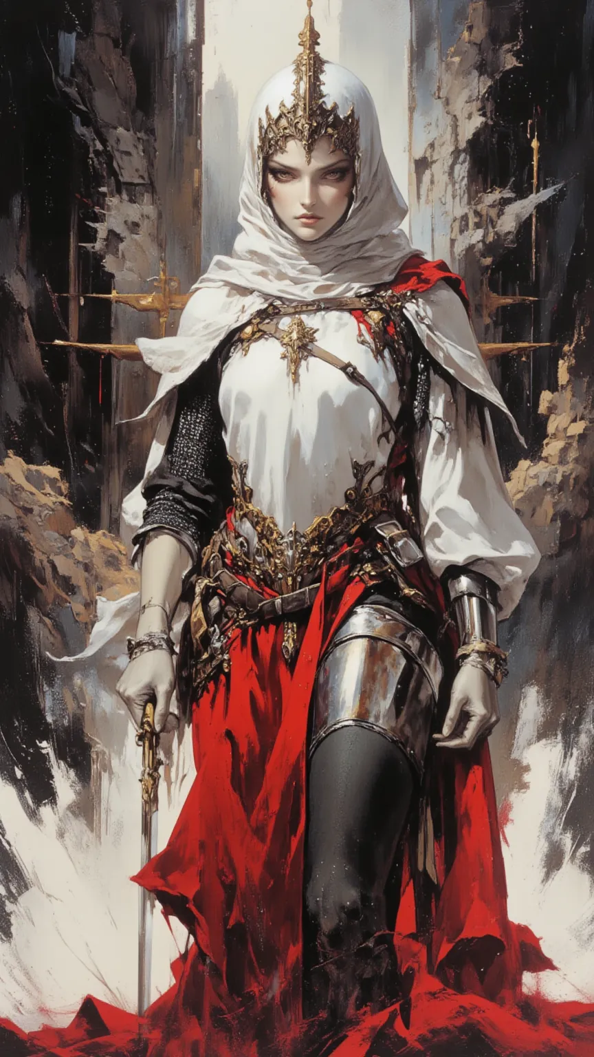 Female Knight, full body，Joel Robinson's style, light white and dark red 
