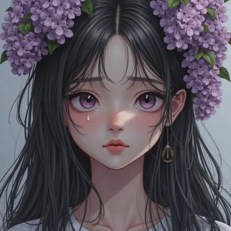 Close-up portrait of a young girl aged 15, long hair, there's a tear on my cheek, the lower lip is bitten by the teeth, lilacs bloom near the head