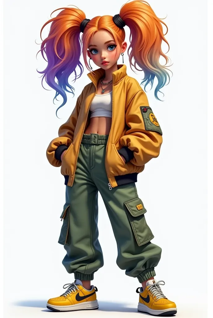 "A stylish young woman with voluminous twin ponytails, her hair blending shades of orange, purple, and blue. She wears an oversized bomber jacket over a cropped top and baggy cargo pants with patch details. She completes her look with sneakers in a mix of ...