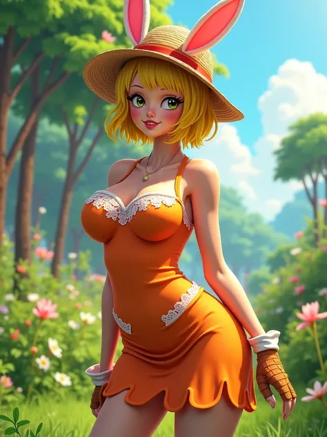 Beautiful 18 year old Asian girl depicted as Karin (carrot),, a character from the Mink tribe, and a temporary member of Group of Straw Hat Pirates
,real person photos dressed in rabbit costume, bright white skin, soft, sexy figure, big boobs, short hair, ...