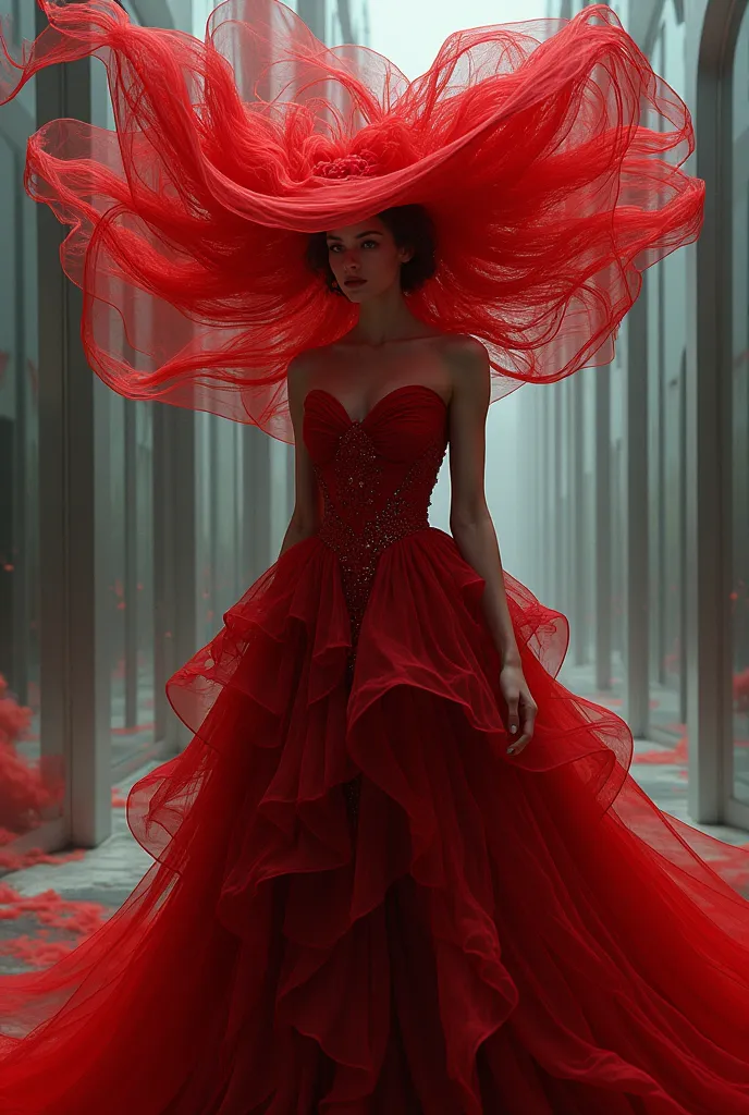 "A mysterious, otherworldly woman draped in an elaborate crimson gown, her presence dissolving into swirling fractal patterns and iridescent murrini textures. A vast, oversized red hat casts shifting shadows, morphing like liquid glass, distorting space an...