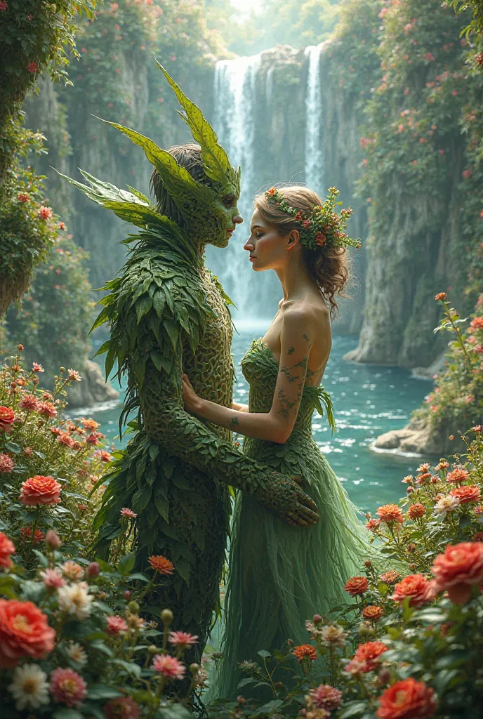 Couple dressed with half-animal leaves and lots of flowers and rivers and waterfall 