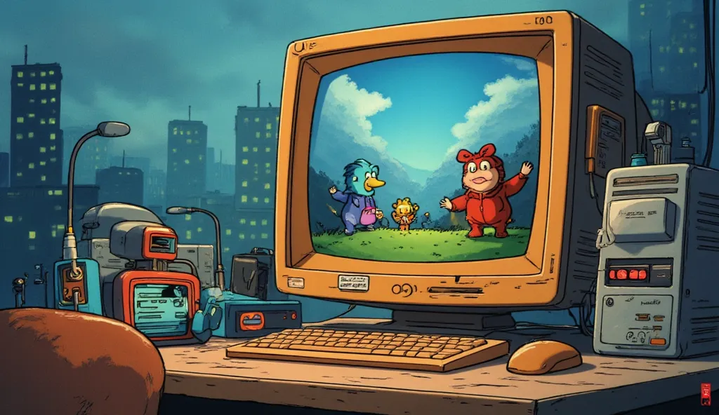 cartoon style, old PC monitor