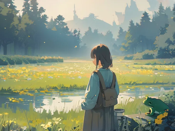 The girl and the frog are talking、The girl and the frog are small and placed in the center、back view、Scenic Center、By the pond、oil、painting style、Light color、Green grassland、Yellow Flower