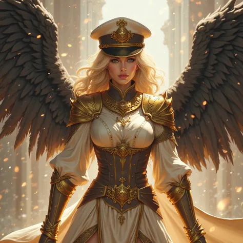 Use mir4 sorcorer class as guide. Make a image size 1:1 of a female sorcorer in beige and gold armor. Make her wear a captain hat & black wings and  has aura around her. Make her look fierce and using beige magic