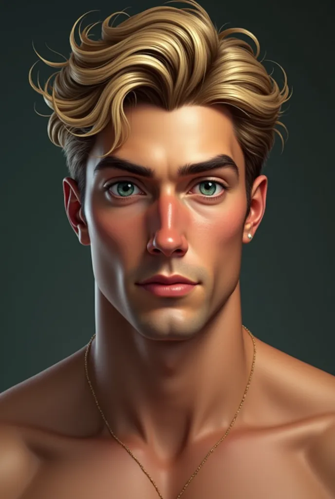 Draw me a man about 26 years old , blonde,  Athletic ,  face in full face ,with green eyes and slightly curly hair. And most importantly with a beautiful masculine nose, with a hump but noble 